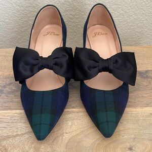 J.Crew Green Navy Blackwatch Plaid Large Bow Ellie Heels 8